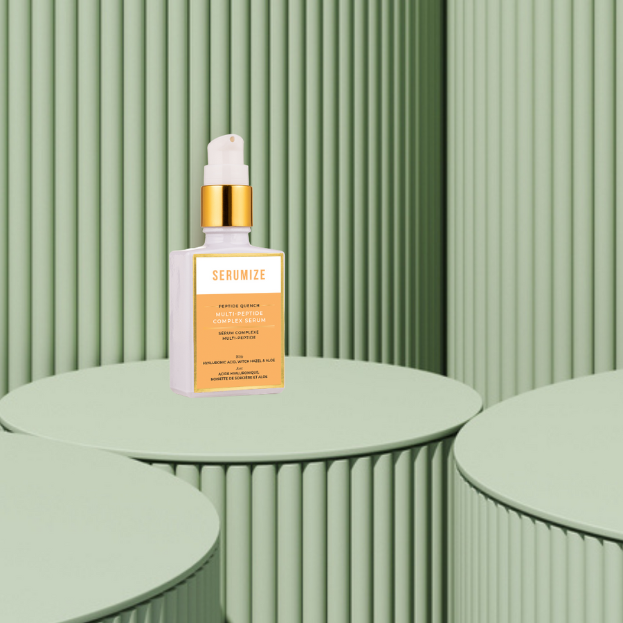 Serumize Peptide Quench Serum placed on a mint green shelve