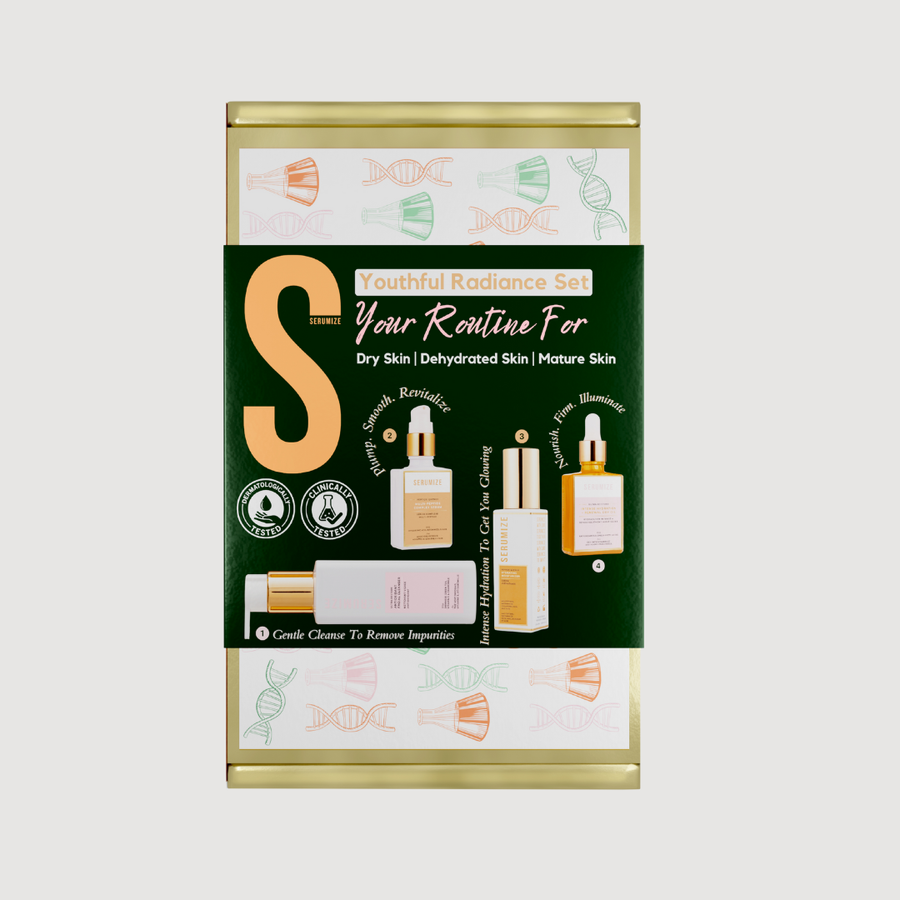 SERUMIZE Skincare product set packaging with green and gold design on a white background
