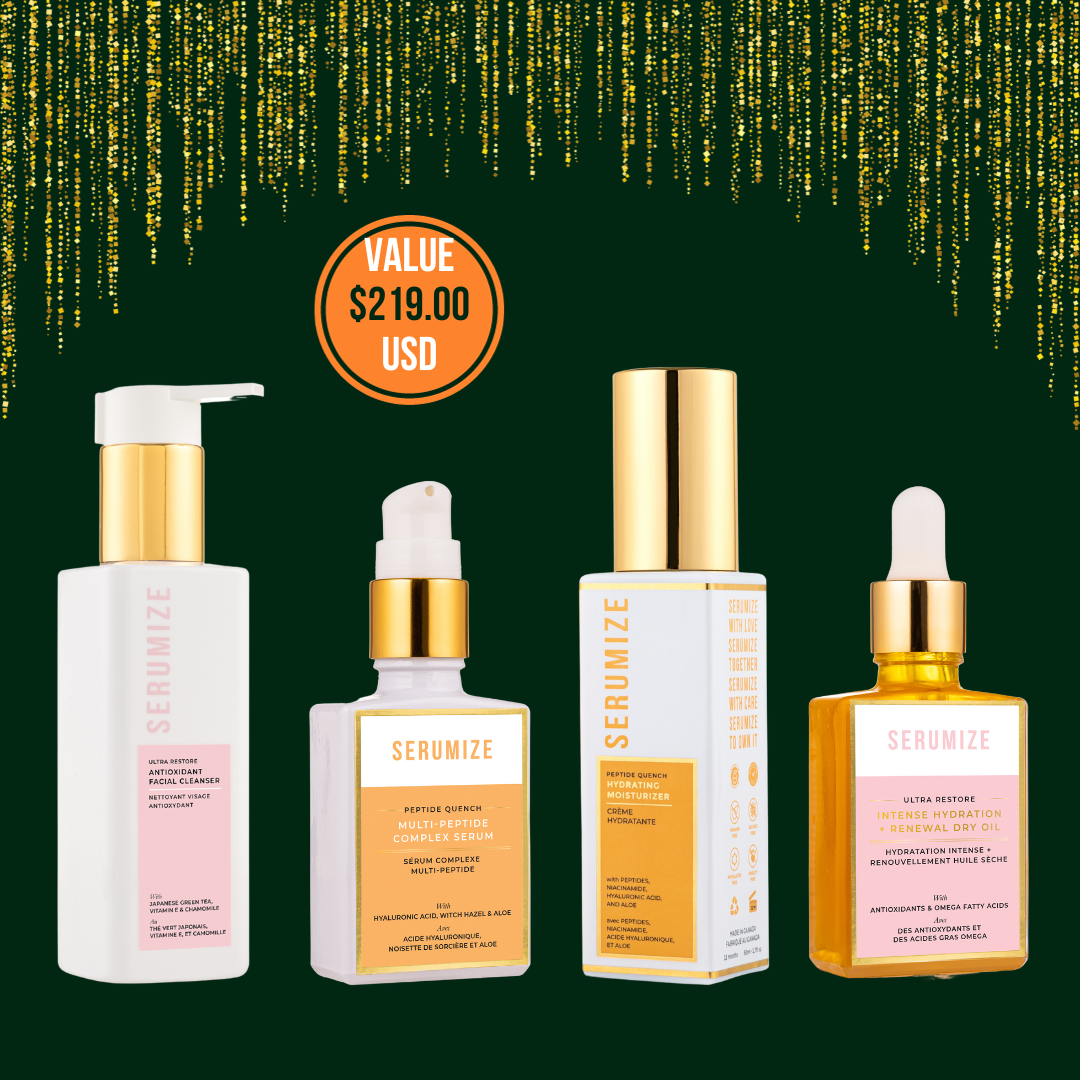 A set of four skincare products, including a serum, moisturizer, cleanser, and dry oil, each in a clearly labeled bottle or container.